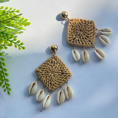 Braided Rattan Tassel Shell Earrings