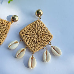 Braided Rattan Tassel Shell Earrings