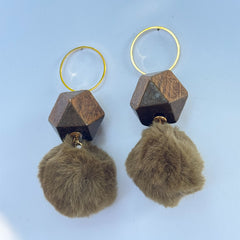 oho Chic Wooden Fur Ball Earrings